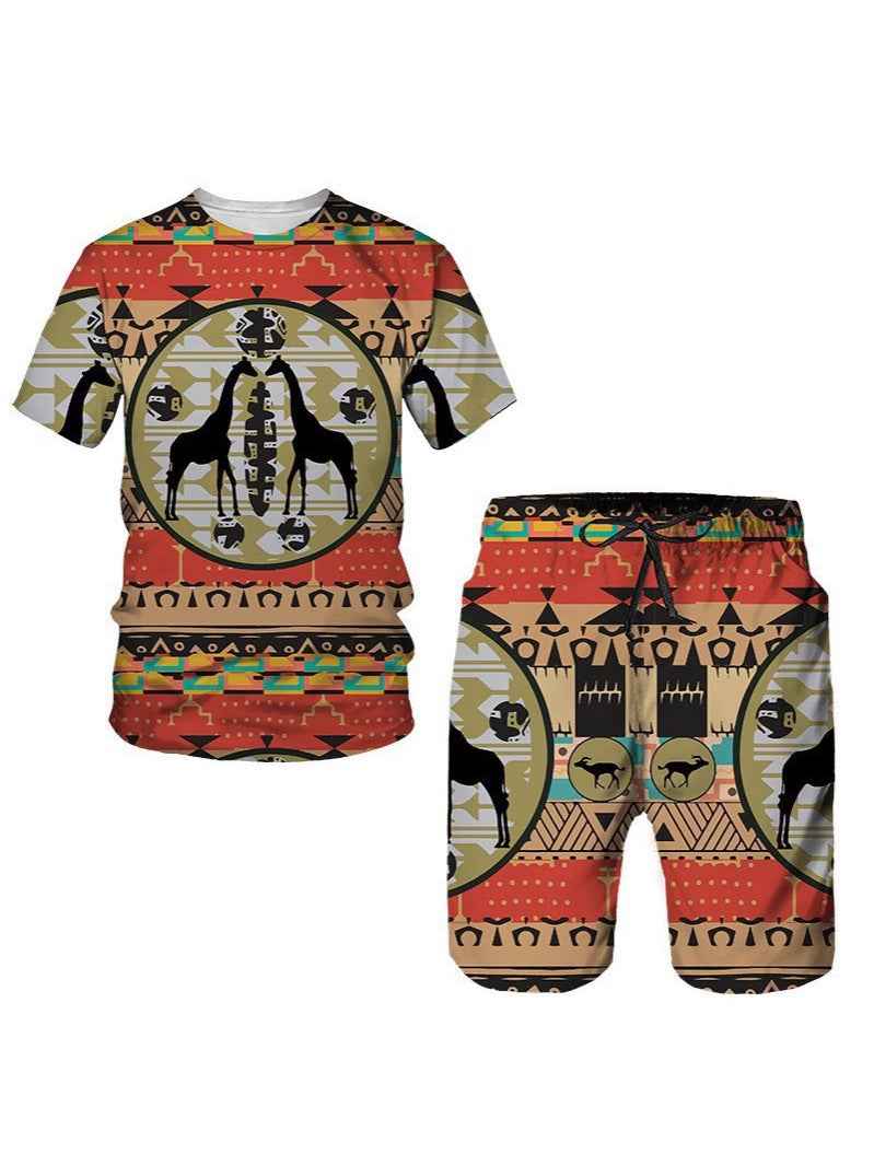 Men's African Print Short Sleeve T-Shirt and Shorts Set
