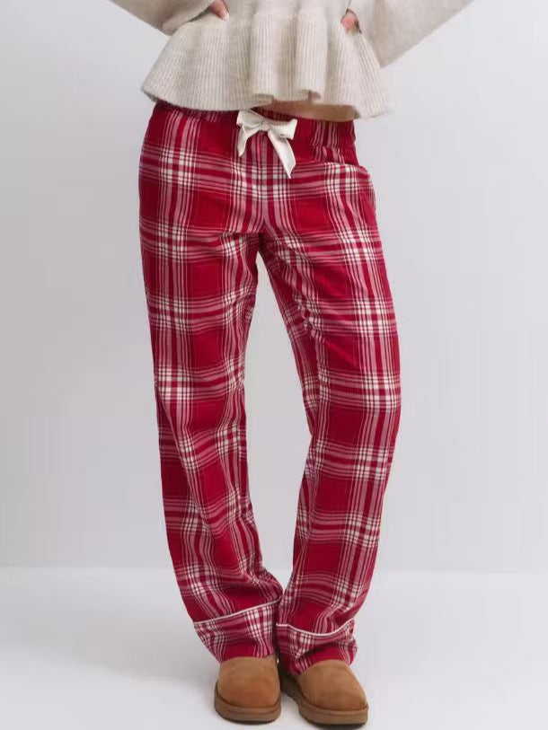 Retro Plaid Bow Decor Women's Top and Pants Colouronova