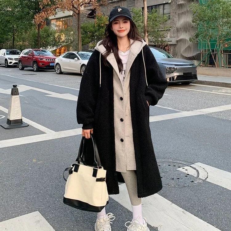 Women Wool Coat Thick Long Jacket Hooded Suits Full Sleeve Single Breasted Solid Blends Warm Elegant Lady Pocket Winter - Colouronova