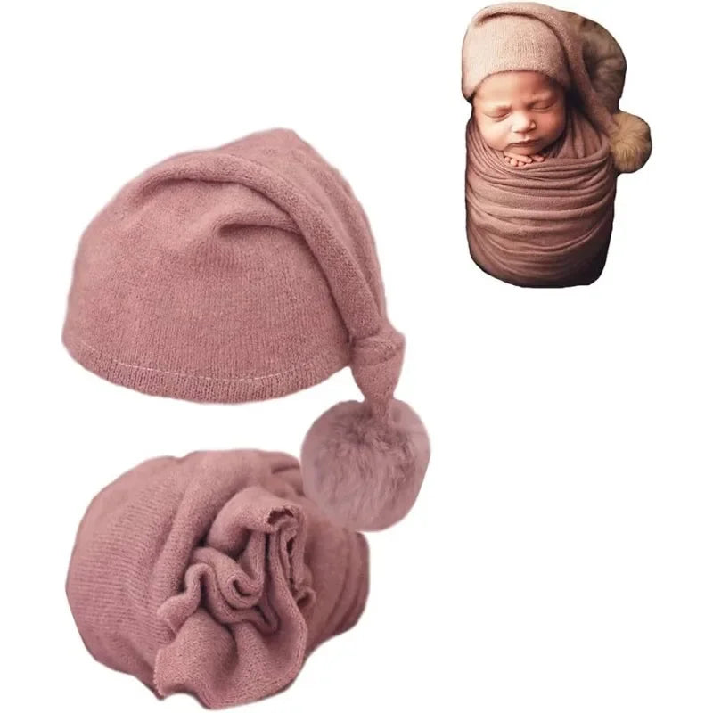 Baby Photo Prop Knit Set - Soft Stretchy Swaddle Wrap & Beanie Hat - Newborn Studio Photoshoot Outfit (Butterly-Soft) - Colouronova