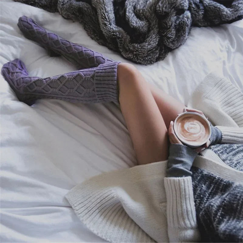 Knitted Wool Socks for Women with Hairball Long Tube Knee Stacking Womens Socks - Colouronova