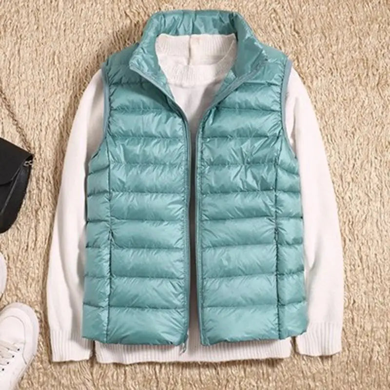 2024 Women's Clothing Down Coats White duck down slim fit new lightweight down vest short standing collar warm thin jacket vests - Colouronova