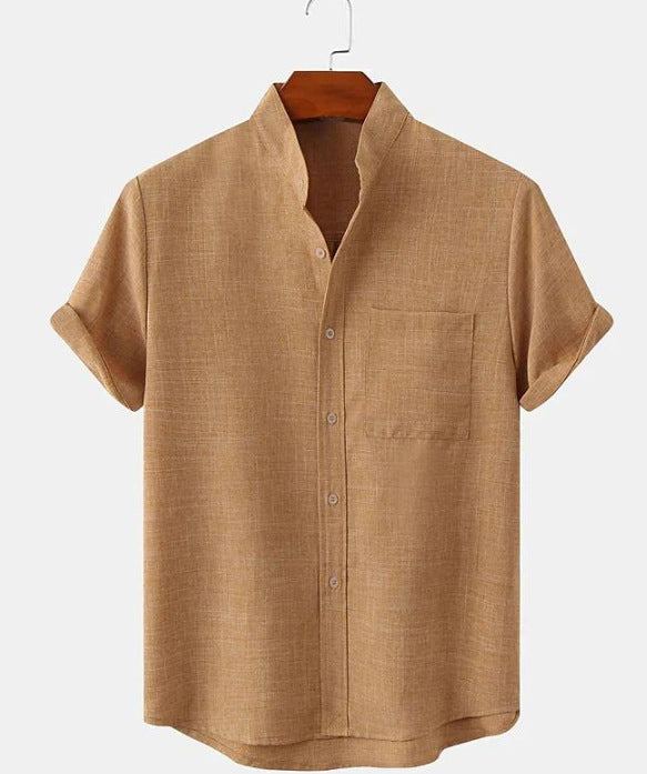 Mens Cotton Linen Stand Collar Shirt Colouronova