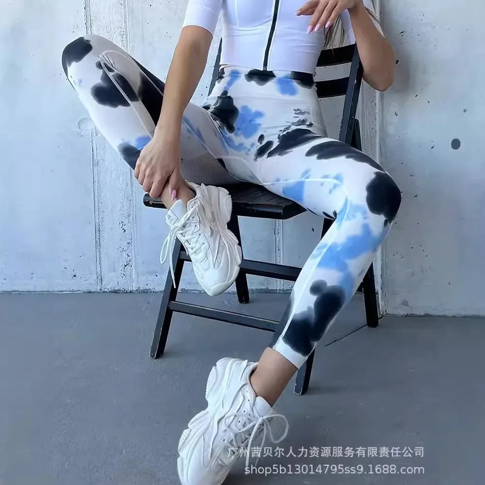 Women Sports Running Gym Work Out Pants Tie Dye Print Butt Lifting Yoga Pants High Waist Booty Scrunch Leggings - Colouronova