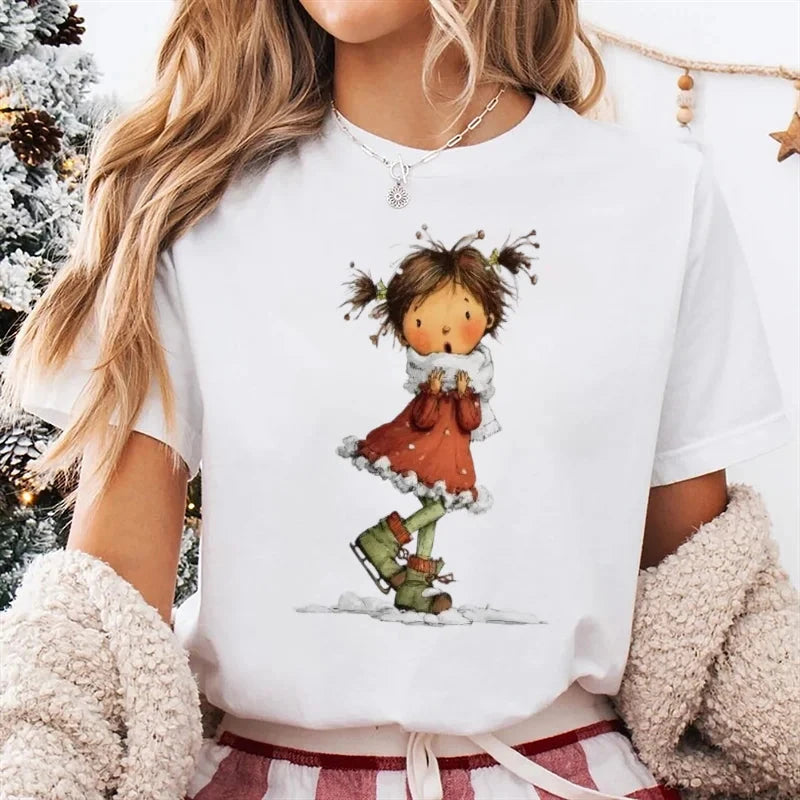 Trendy Women's Cute Christmas Happy Fashion New Year T-Shirt Girls' Christmas Socks Pattern Printed Short Sleeve Basic T-Shirt Colouronova