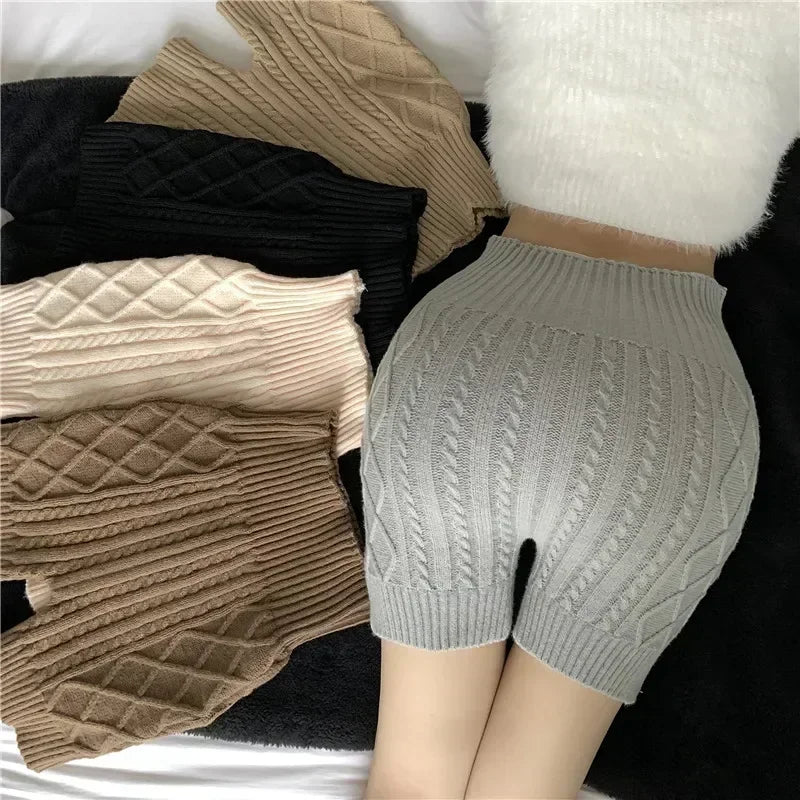 Fashion Women Winter Bottoming Shorts Knitted High Waist Elastic Warm Anti-exposure Basic Shorts ThickElastic Postpartum - Colouronova