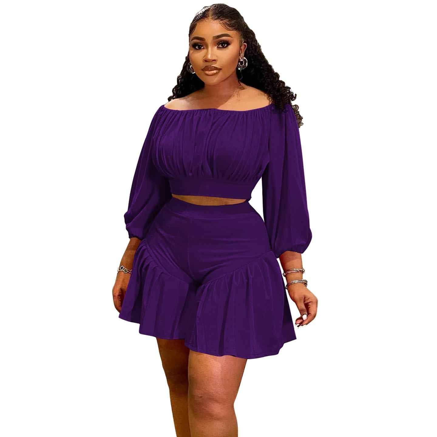 Plus-Size Off-Shoulder Pleated Women's Set