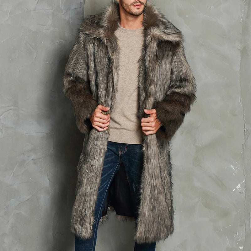 Men s Luxury Faux Fur Coat Jacket Turn Down Collar Long Sleeve Winter Warm Long Coats Overcoat Outwear - Colouronova