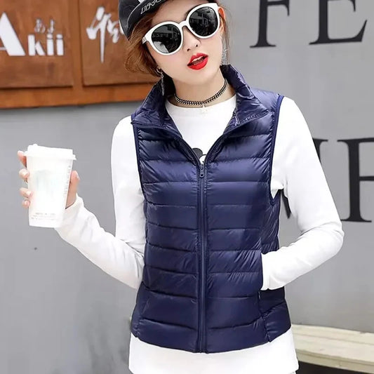 2024 Women's Clothing Down Coats White duck down slim fit new lightweight down vest short standing collar warm thin jacket vests - Colouronova