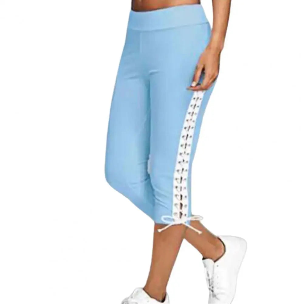 Women High Waist Cropped Trousers Drawstring Bandage Skinny Leggings Pants Joggers For Ladies - Colouronova