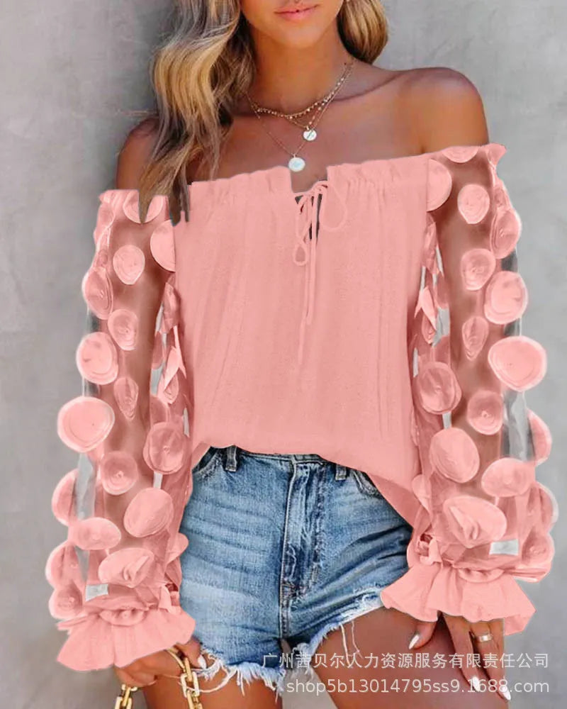 Women Tops Slash Neck Flare Sleeve Solid Pullovers Ruffles Casual T Shirts Elegant Lady Slight Strech Autumn 2024 Patchwork - Colouronova