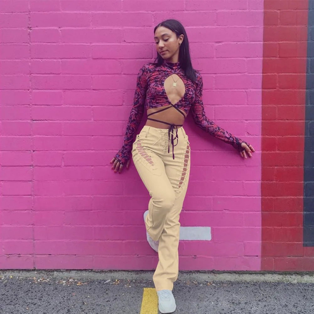 Pants Women Solid Pu Slim Fit Regular Hollow Out Long Pencil Pant Bandage Straight Trousers Office Ladies Capris Splice 2024 - Colouronova