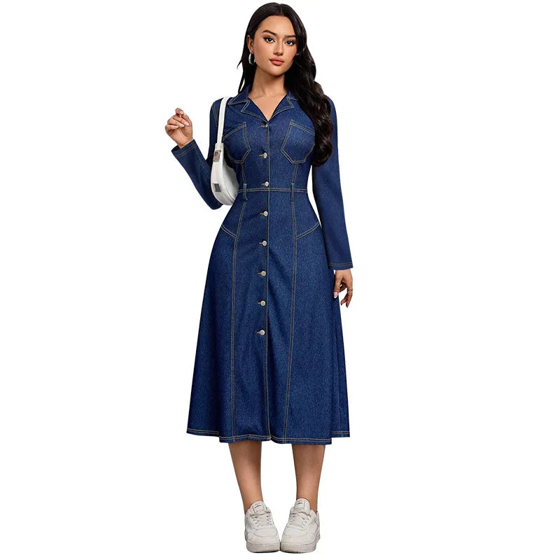 High-End Youthful Women's Denim Dress Waist-Cinching Thin Long-Sleeved Fashion Autumn - Colouronova