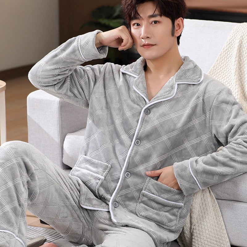 Men's Coral Fleece Pajama Set Long Sleeve Colouronova