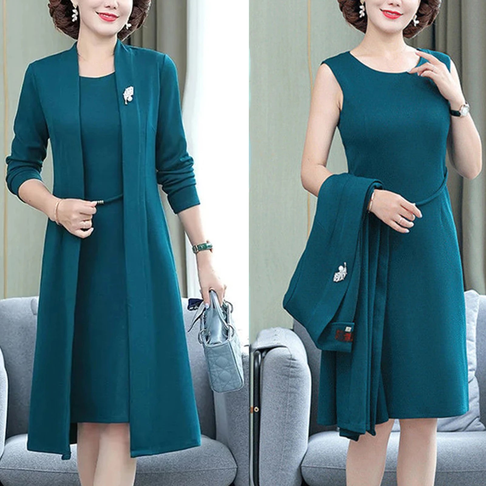 Women Dress Coat Suit Spring Fall Elegant Solid Color Middle-age Ladies Female Open Front Long Cardigan O Neck Sleeveless Dress - Colouronova