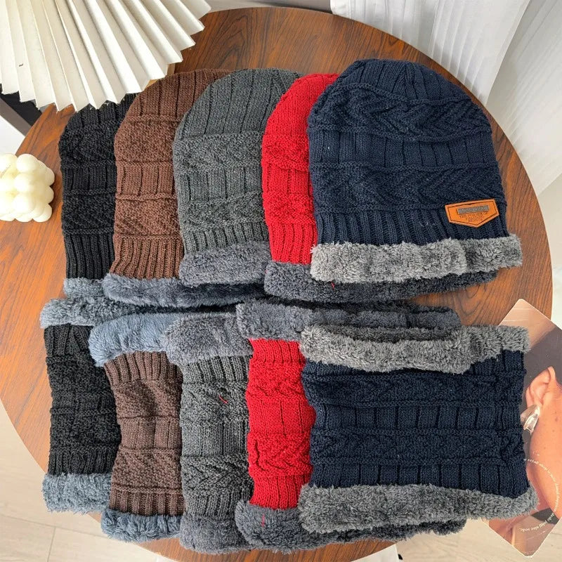 3Pcs/set Winter Beanie Hat Neck Warmer Gloves for Men Women Thicken Warm Plush Lined Knitted Outdoor Riding Windproof Scarf Caps - Colouronova