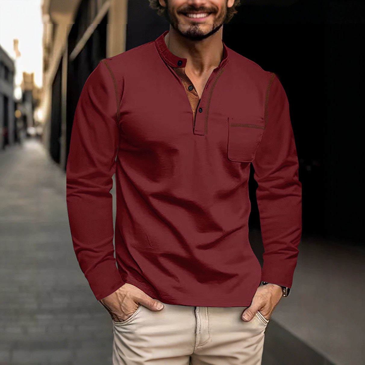 Men's Long Sleeve Stand Collar Polo Shirt Colouronova