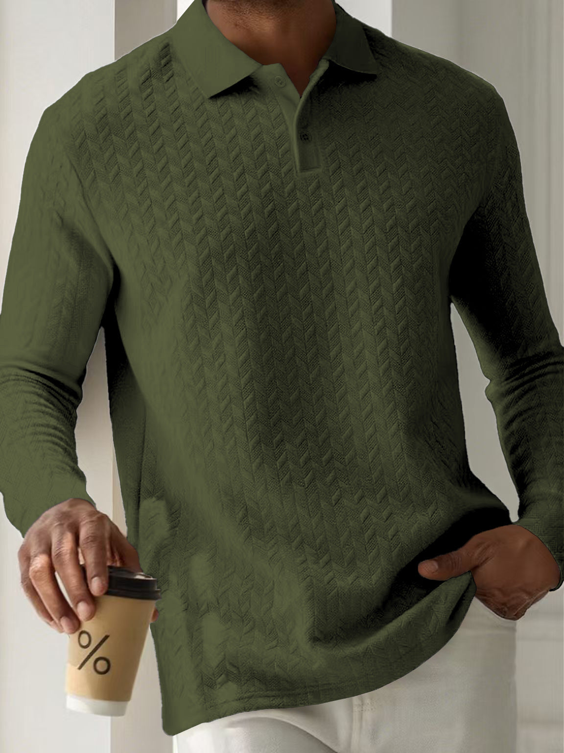 Mens Textured Long Sleeve Polo Shirts Colouronova