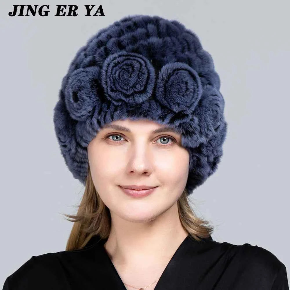 JINGERYA Winter Hat Women Warm Floral Rex Rabbit Fur Knitted Beanie Striped Classic Natural Real Fur Hats