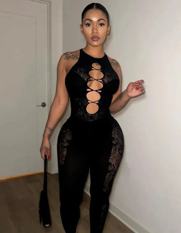 Sleeveless Hollow Out Black Transparent Party Home Jumpsuits New Women's Sexy One-piece Home Party Fun Sexy Party Bodysuit - Colouronova