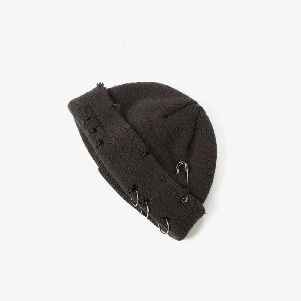 Trendy Autumn Winter Black Beanie Hat Warm Gothic Knitted Elastic Hat Hip-hop Acrylic Ripped Hat Men Women - Colouronova