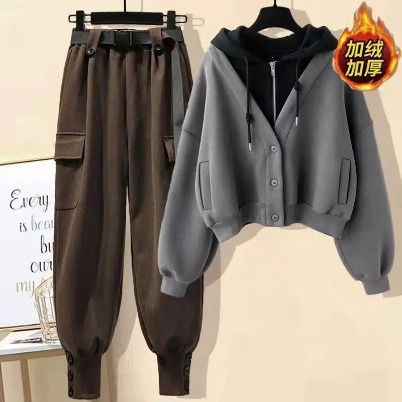 Autumn and Winter Collection with Plush and Thick Long Sleeved Hooded Jacket Work Pants Two-piece Set Women's Pants Set Colouronova