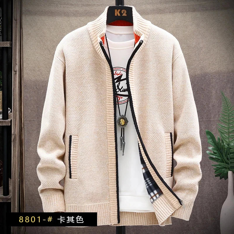 Men's Winter Autumn Fleece Sweater Zipper Cardigan Korean Warm Jacket Coat Sports Male Jumper Knit Clothing Brown Jacket Colouronova