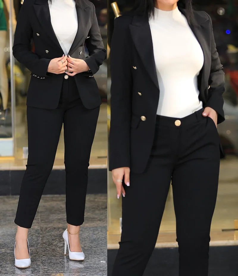 Elegant Office Lady Two Piece Sets Autumn Winter Women Fashion Notched Neck Long Sleeve Blazer & High Waist Work Pants Suits - Colouronova