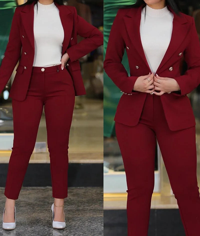 Elegant Office Lady Two Piece Sets Autumn Winter Women Fashion Notched Neck Long Sleeve Blazer & High Waist Work Pants Suits - Colouronova
