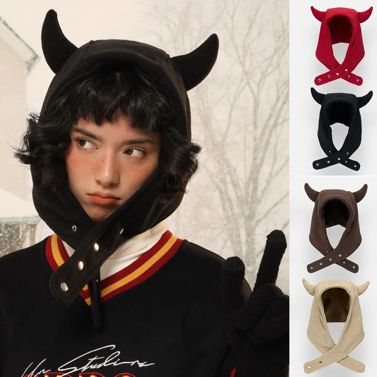 Japan Yabi Cute Devil Ears Cow Horn Thunderbolt Hat Women Autumn Winter Warm Suede Ear Protection Set Head Cap Y2K Beanies - Colouronova