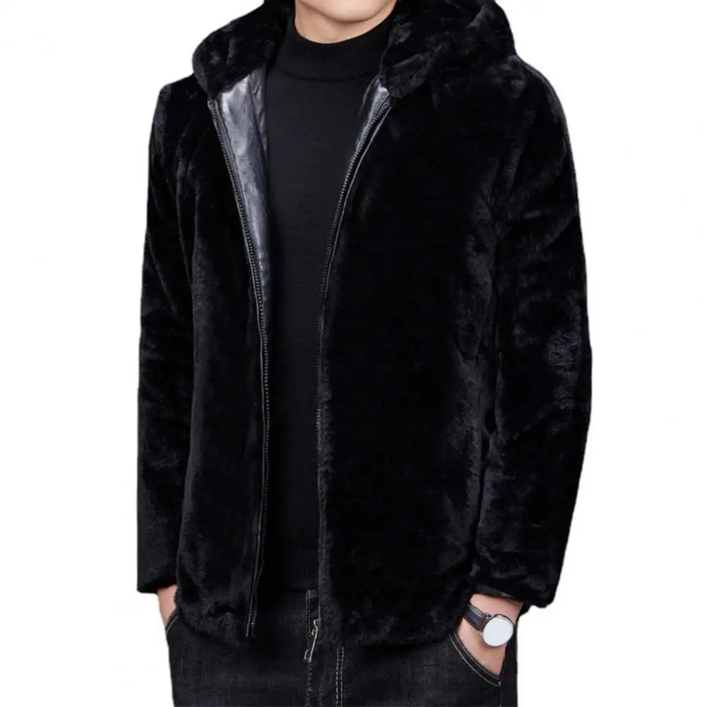 Men Coat Hooded Long Sleeve Imitation Mink Fur Jacket With Pockets Zipper Placket Thick Fleece Winter Coat - Colouronova