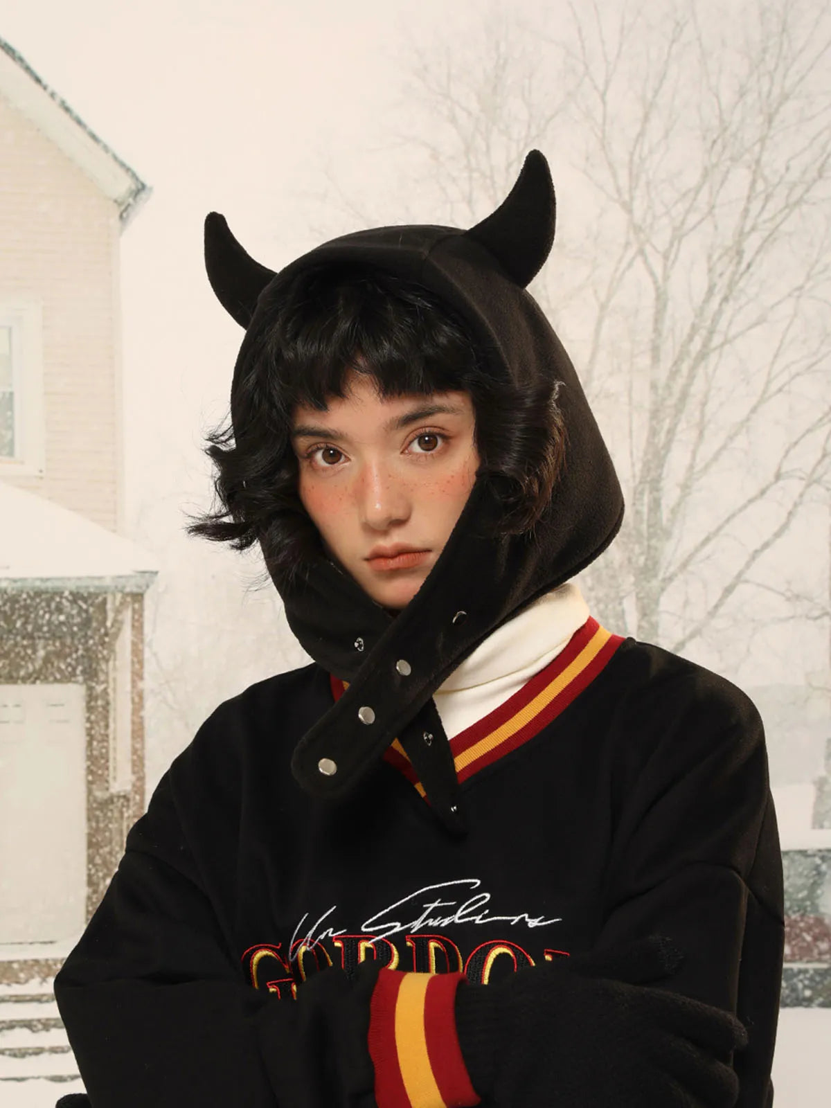 Japan Yabi Cute Devil Ears Cow Horn Thunderbolt Hat Women Autumn Winter Warm Suede Ear Protection Set Head Cap Y2K Beanies - Colouronova