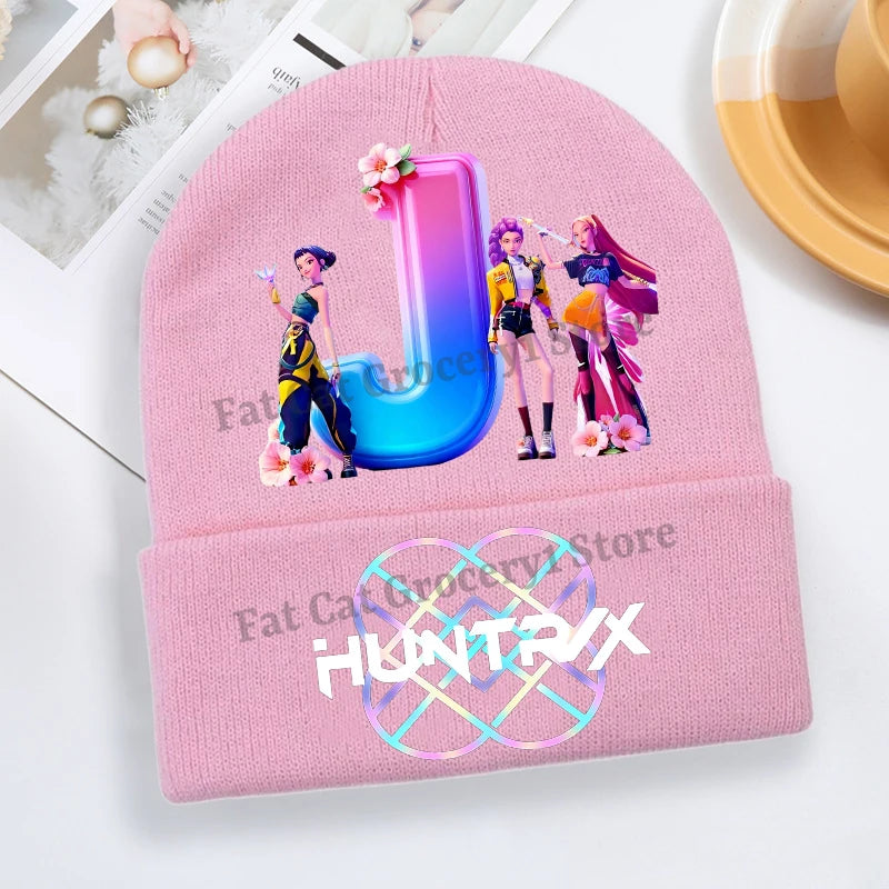 Kpop Demon Hunter Knitted Hat Girls Cute Letter A-Z Knit Cap Kids Winter Outdoors Warm Beanies Children Fashion Headgear Gift - Colouronova