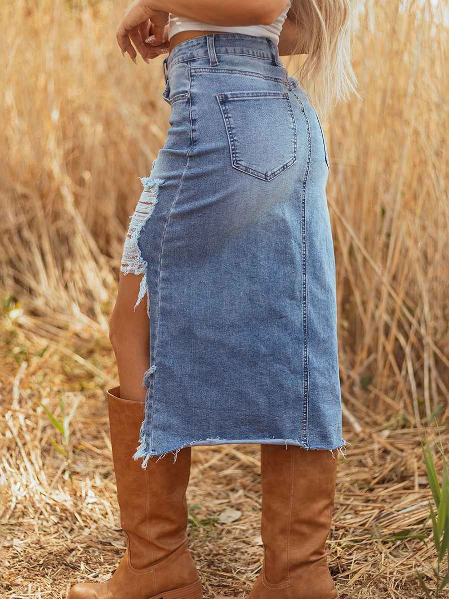 Ripped denim skirt