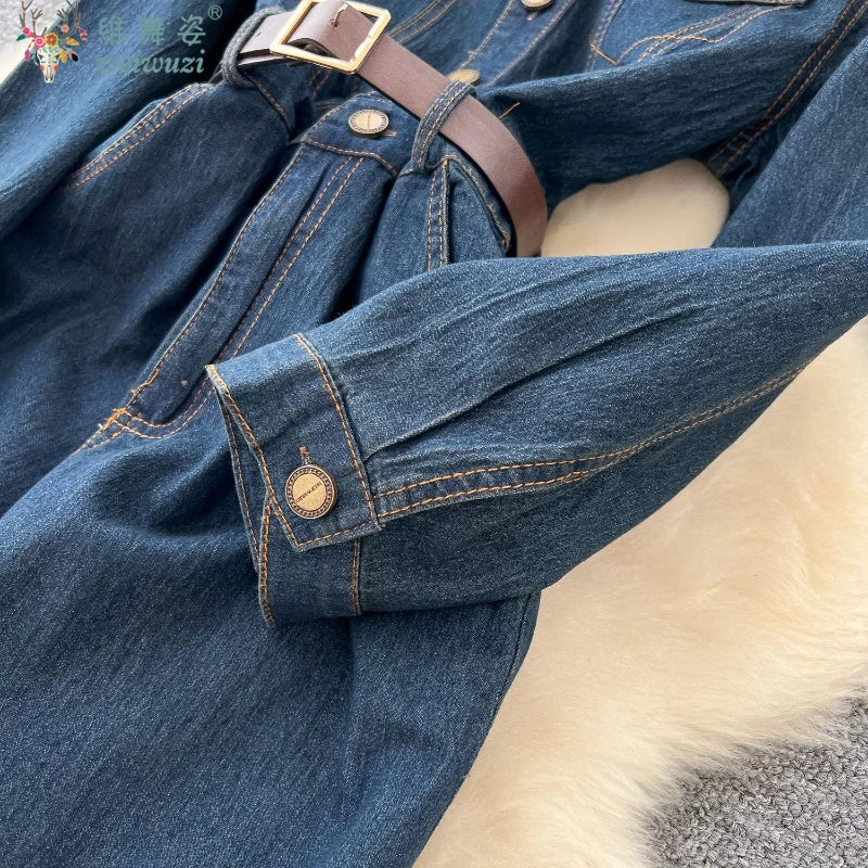 Autumn New Retro Style Quality Women's Split Denim Dress with Belt Fashion Long Jean Skirt Lady Elegant Vacation Cowboy Outfit - Colouronova