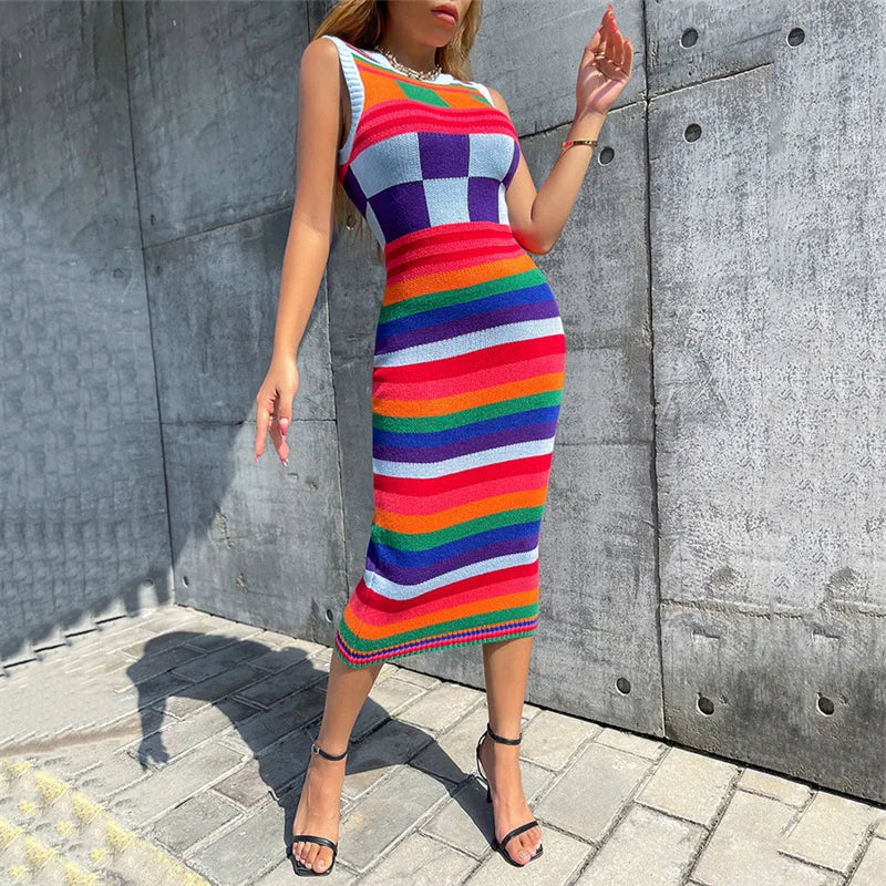 women's clothing  autumn/winter new fashionable contrasting color Christmas sweater long slim fit wrapped buttocks knitted dress - Colouronova