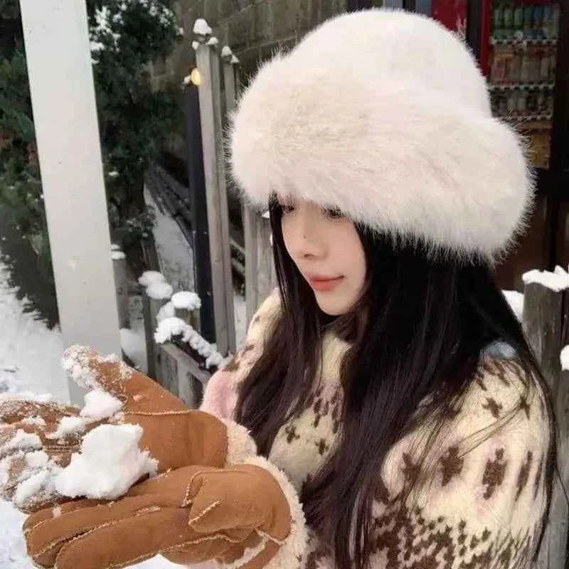 Winter Thick Warm Furry Beanies Hat Women Imitation Mink Fur Russian Cap Solid Plush Brimless Cap Brimless Ski Hat Mongolian Hat