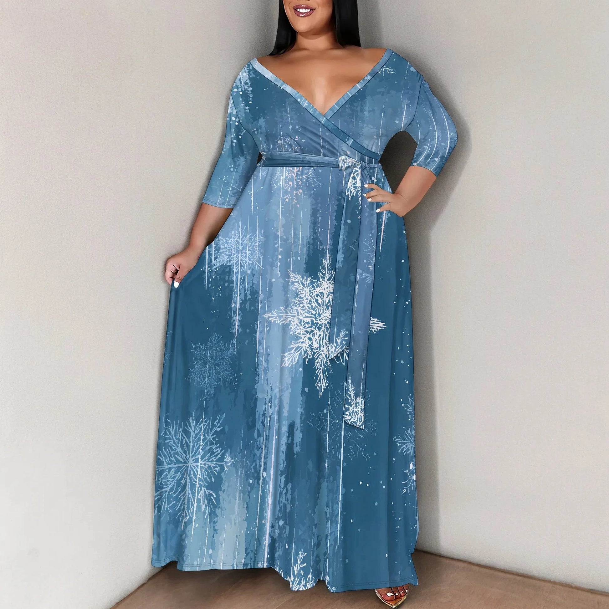 Plus Size Women's 3/4 Sleeve V-Neck Snowflake Print Wrap Maxi Dress Winter Elegant Party Dress Colouronova