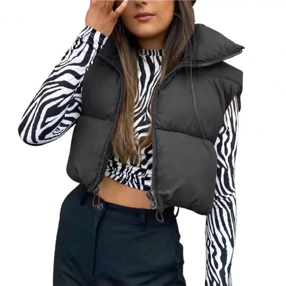 Fall Winter Warm Cropped Vest Jackets for Women Fashion Sleeveless Stand Collar Zip Up Puffer Waistcoat Street Style Outwear - Colouronova