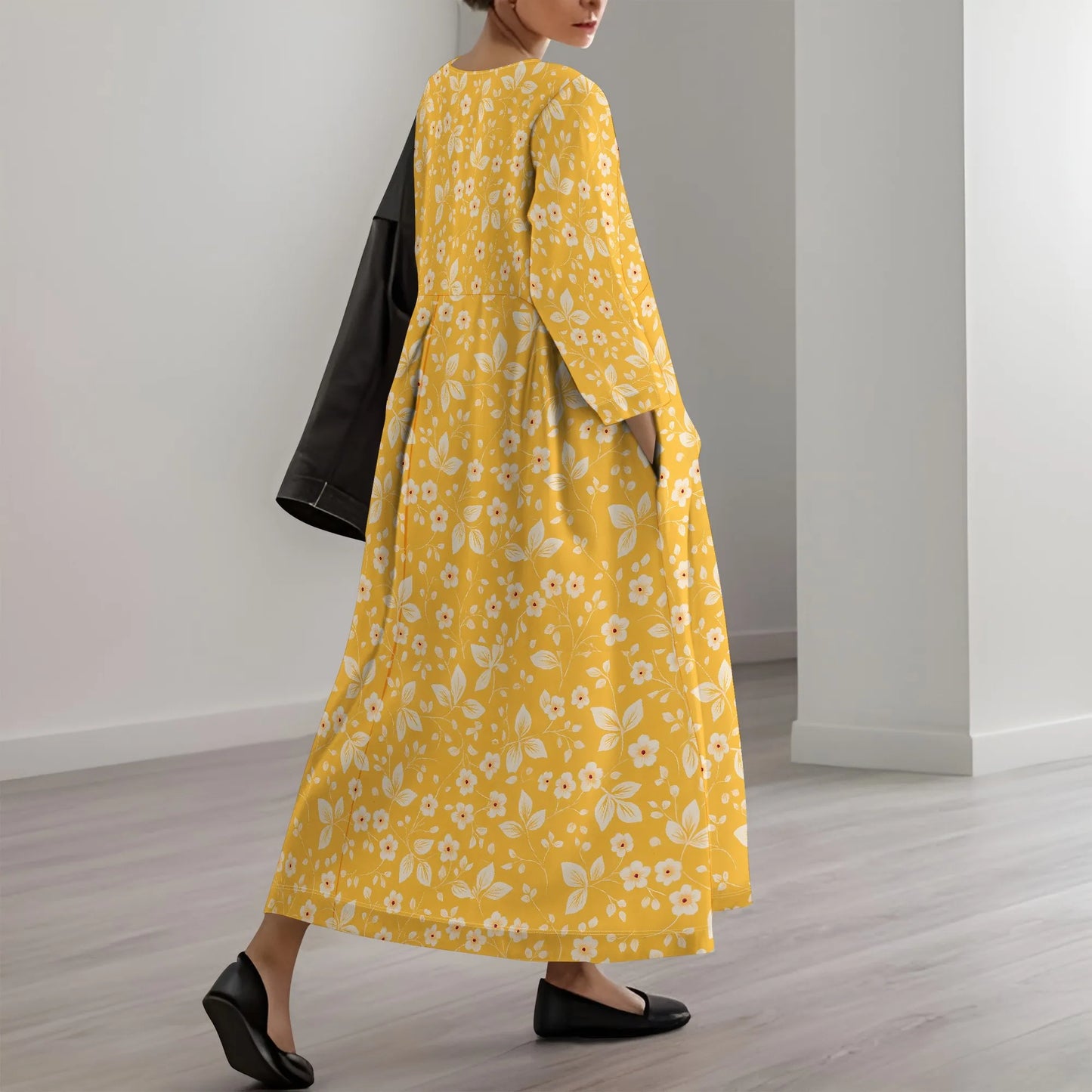 Women's Long Sleeve Elegant Solid Color Autumn Maxi Dresses Casual Loose Plus Size Beach Dress for Women with Pockets - Colouronova