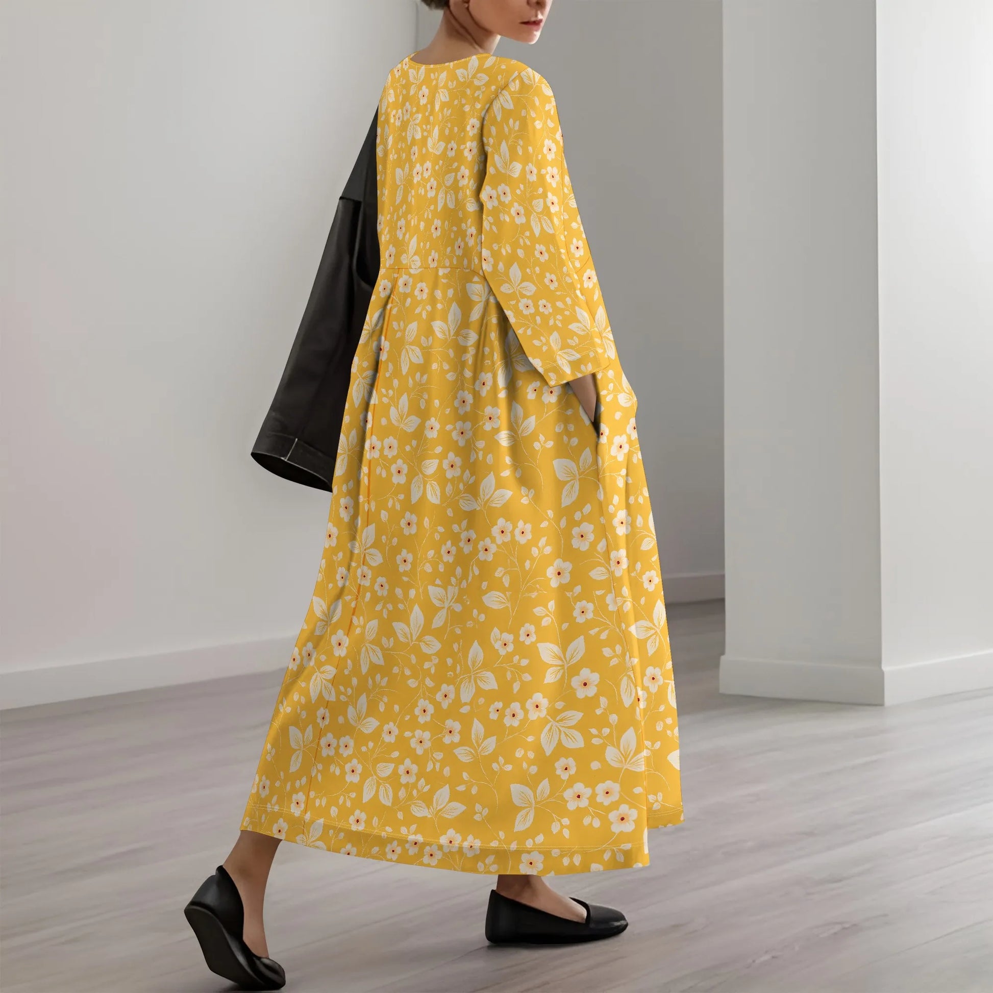 Women's Long Sleeve Elegant Solid Color Autumn Maxi Dresses Casual Loose Plus Size Beach Dress for Women with Pockets - Colouronova