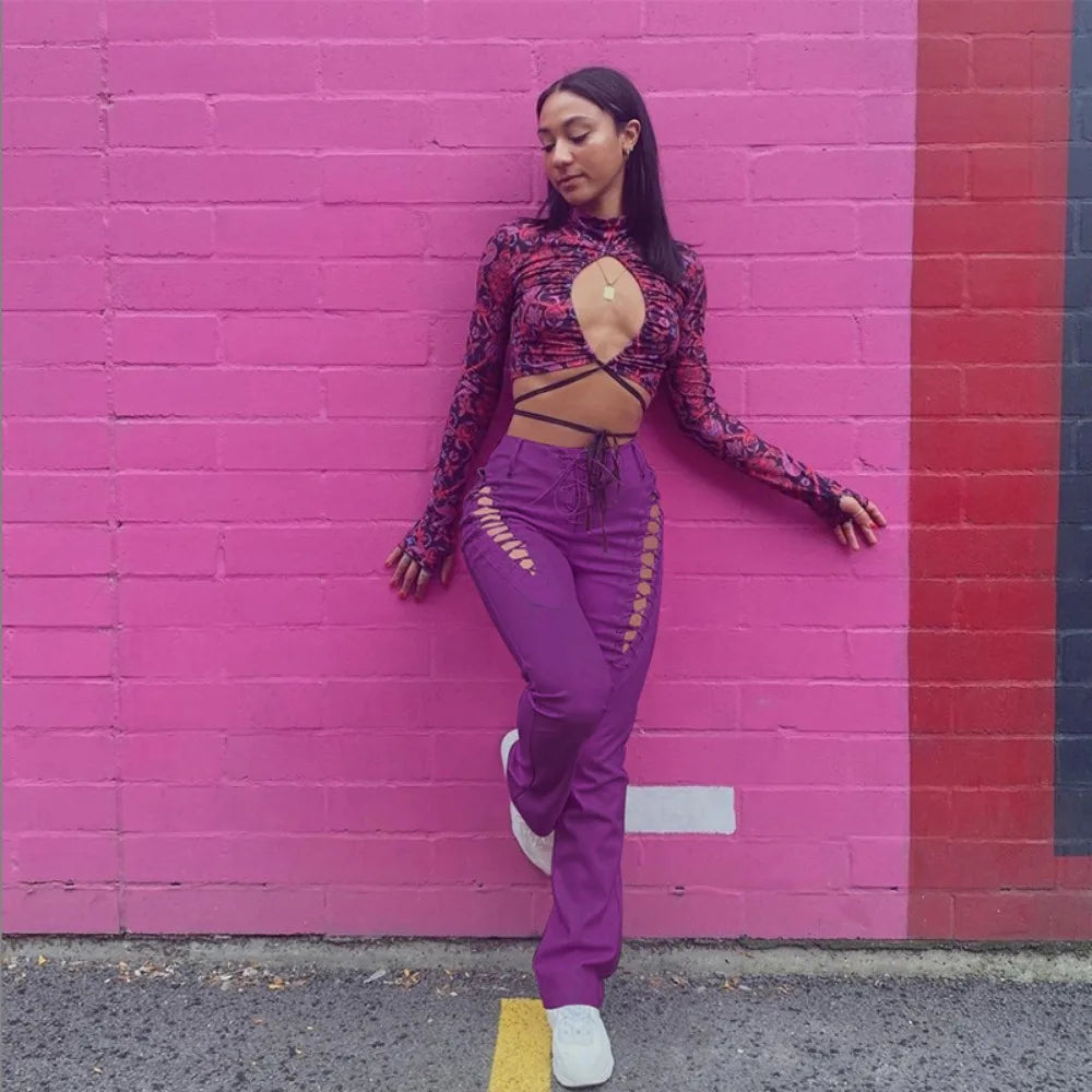 Pants Women Solid Pu Slim Fit Regular Hollow Out Long Pencil Pant Bandage Straight Trousers Office Ladies Capris Splice 2024 - Colouronova