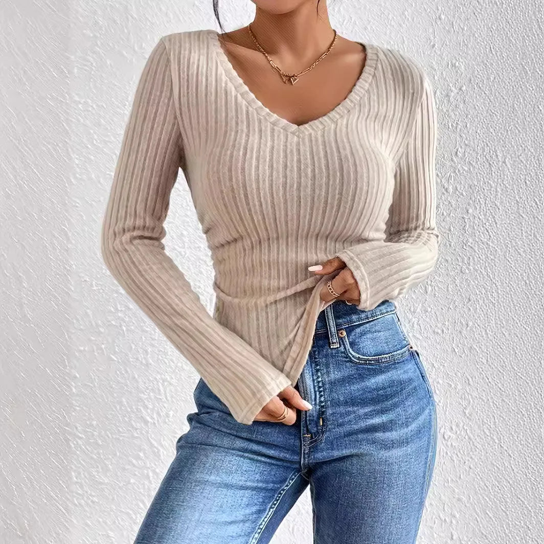 Knitted Top Women Pullover Knitting T Shirt V Neck Jumper Sweater Autumn Winter 2025 Casual Tops Basic Knitwear Office Lady - Colouronova