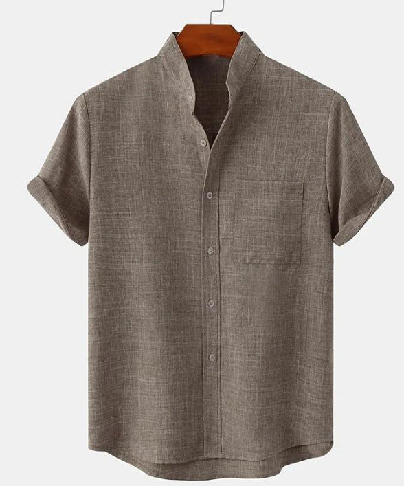 Mens Cotton Linen Stand Collar Shirt Colouronova