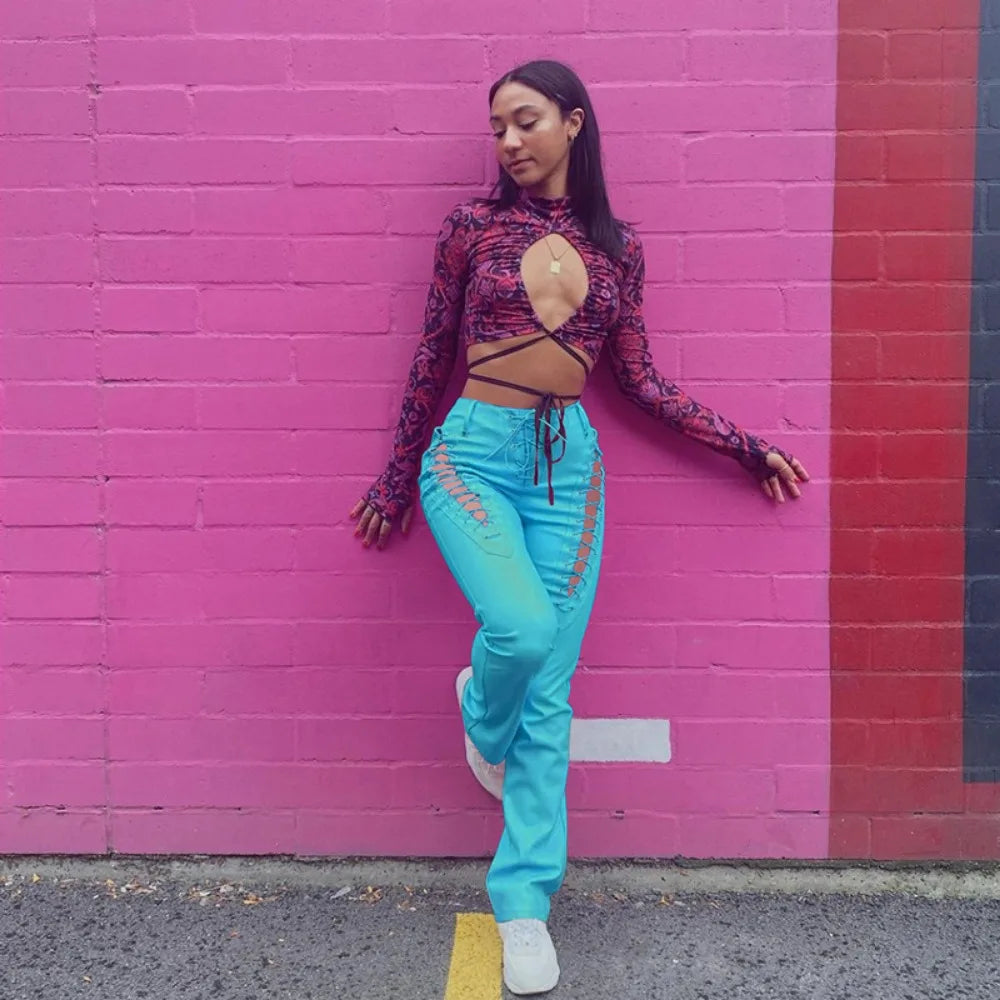 Pants Women Solid Pu Slim Fit Regular Hollow Out Long Pencil Pant Bandage Straight Trousers Office Ladies Capris Splice 2024 - Colouronova