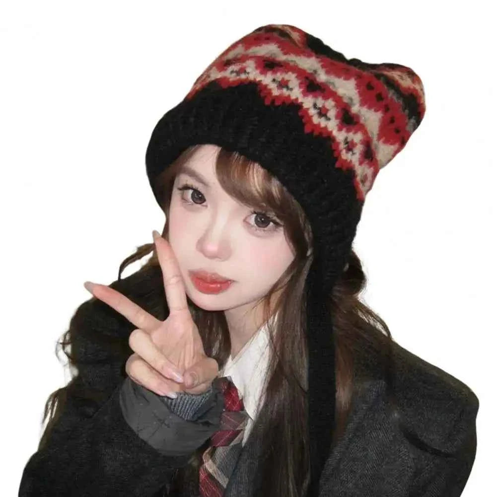 Y2K Cute Beanies Autumn Winter Women Warm Japanese Knit Hat Pile Caps Windproof Ear Protection Tie Pullover Hat Gorro Bonnet