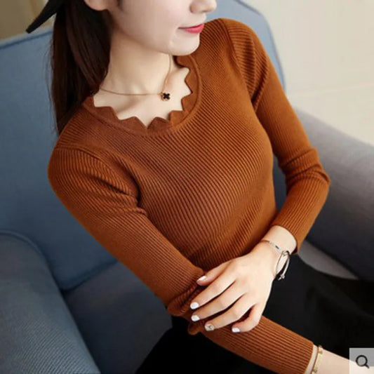 2024 new Sweater Pullovers Women's Autumn Winter Long sleeved Lotus Collar Short Korean Knitted Solid Color Bottom Shirt Jumpers - Colouronova