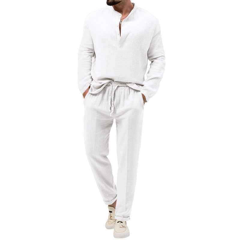Men's Pure Color Casual Long Sleeve Shirt and Pants Set