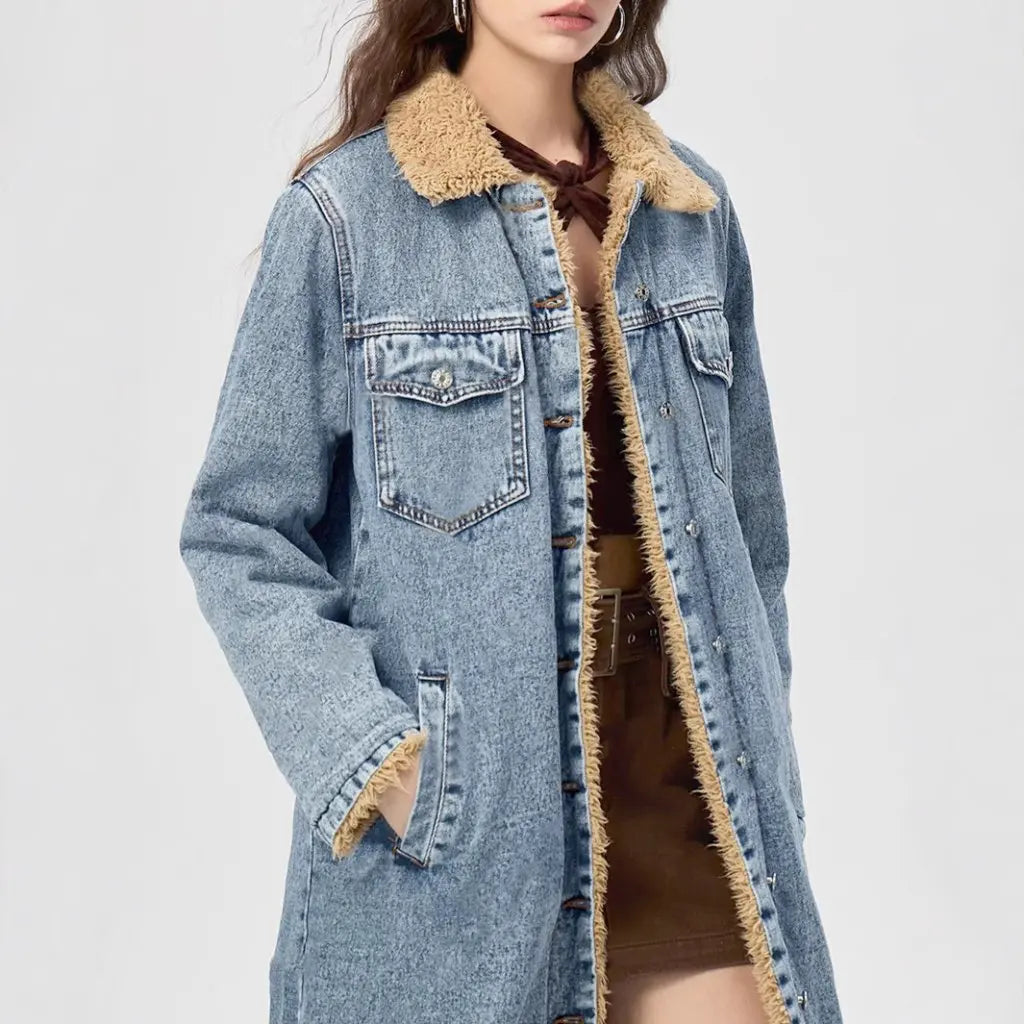 Women's Long Fleece-Lined Cotton-Padded Denim Jacket Loose Fit European And American Style Outerwear for Ladies - Colouronova