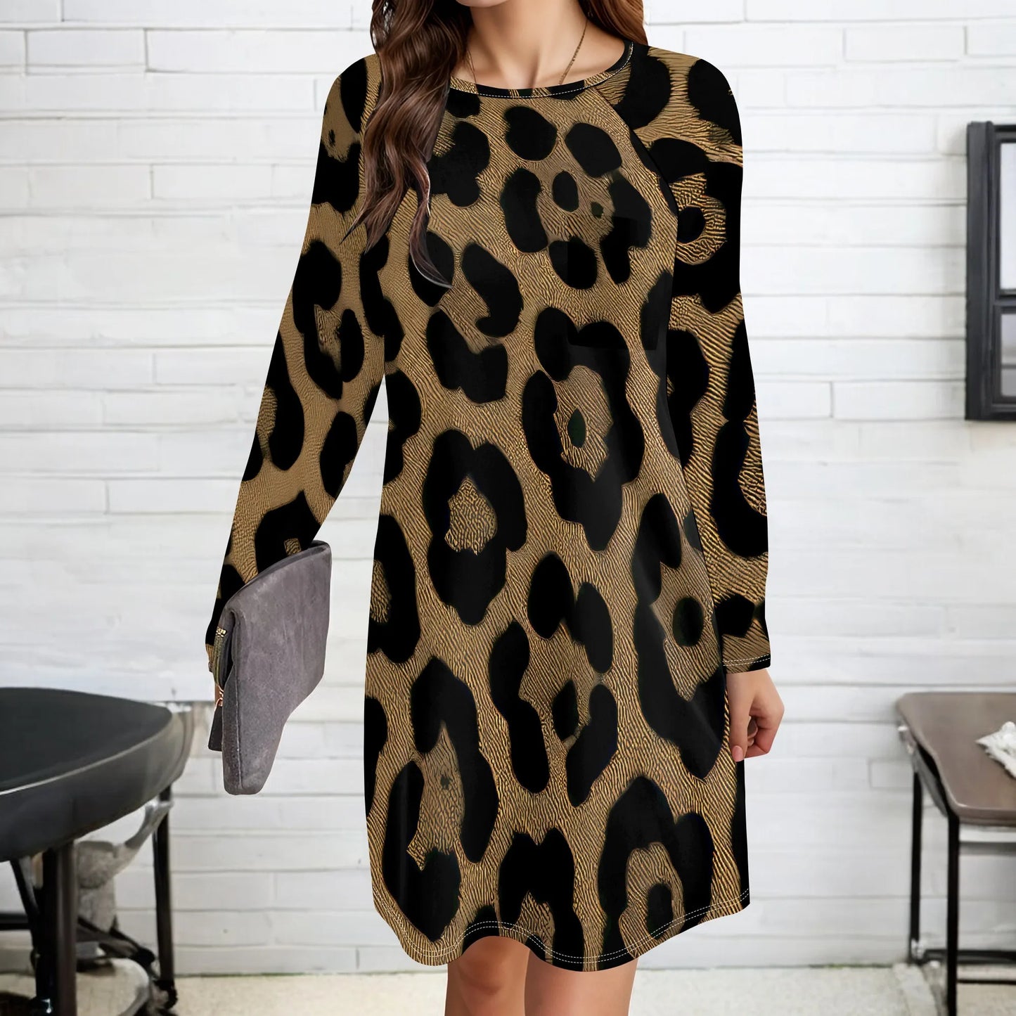 Women's Animal Print Dress Long Sleeve Crew Neck Winter Pullover Casual Loose Comfort Midi Dresses - Colouronova